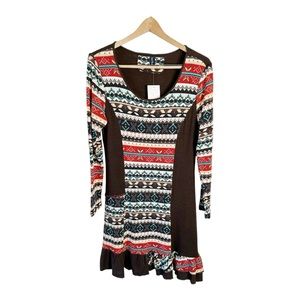 Sacred Threads Boho Knit Dress Brown Fair Isle Pattern Long Sleeves Large New